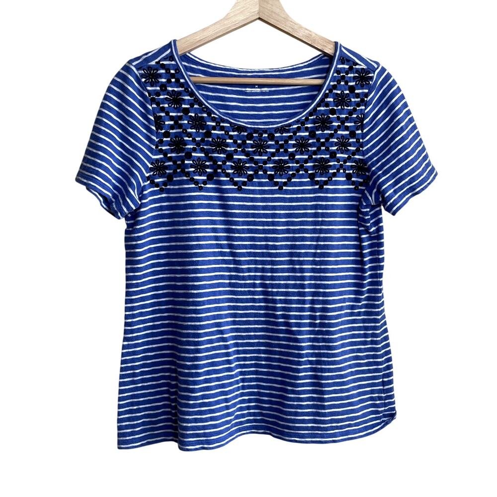 Talbots blue white striped women's M short‎ sleeved t-shirt black embroidery
